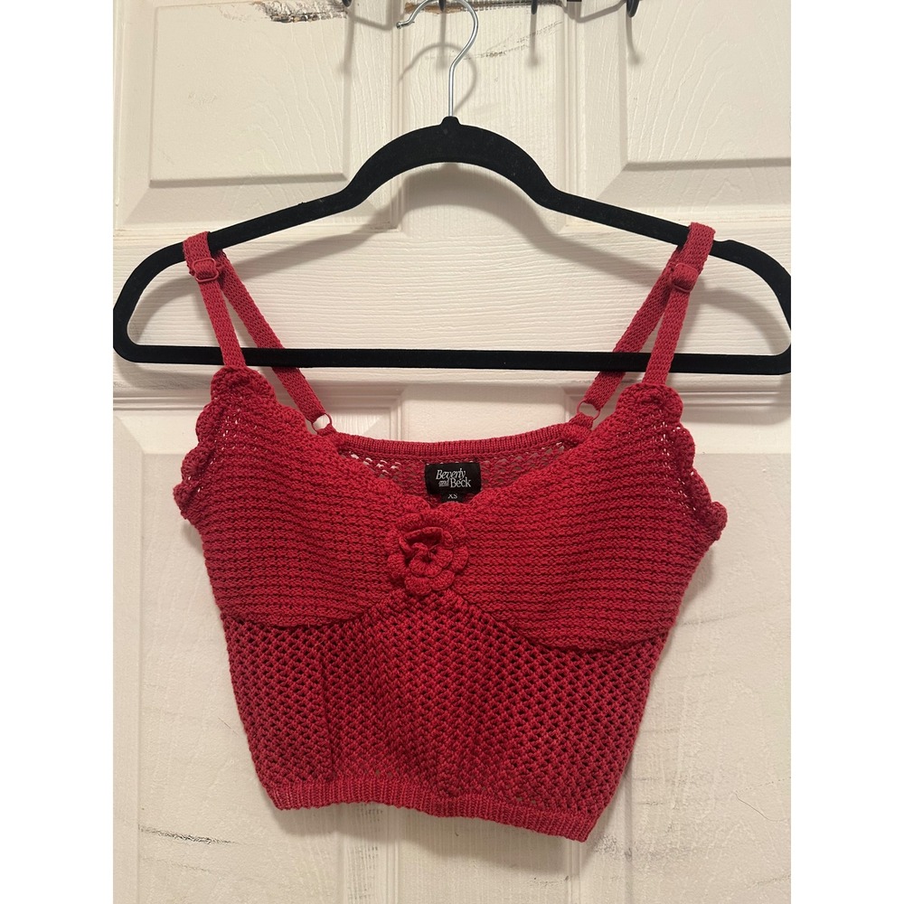 Red Crochet Knit Rosette Crop Cami Top XS Boho Festival